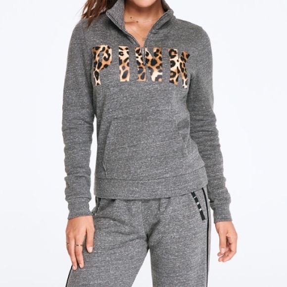 🚫FINAL💕VS PINK PERFECT QUARTER ZIP LEOPARD GREY - Picture 2 of 8